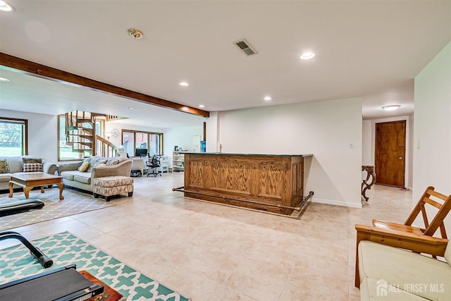 9 NW Fielding Pl, Edison, NJ 08820 - living area with recessed lighting, a dry bar, stairway, light tile patterned floors, and beamed ceiling