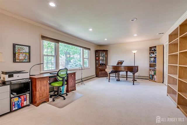 9 NW Fielding Pl, Edison, NJ 08820 - office featuring light colored carpet, ornamental molding, recessed lighting, a baseboard radiator, and baseboard heating