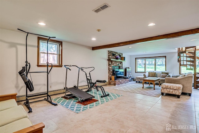 9 NW Fielding Pl, Edison, NJ 08820 - workout area featuring recessed lighting, healthy amount of natural light, a baseboard radiator, and light tile patterned flooring