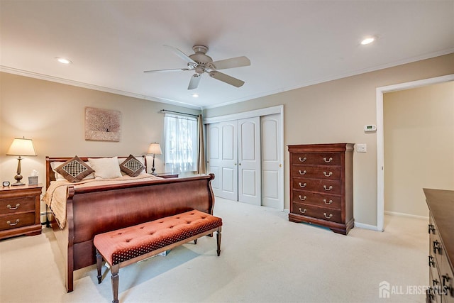 9 NW Fielding Pl, Edison, NJ 08820 - bedroom featuring crown molding, a closet, light carpet, recessed lighting, and a ceiling fan
