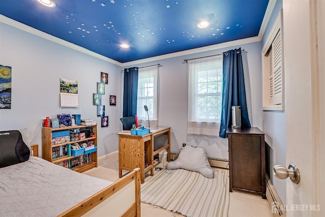 9 NW Fielding Pl, Edison, NJ 08820 - bedroom with carpet flooring, crown molding, recessed lighting, a desk, and a baseboard radiator