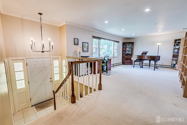 9 NW Fielding Pl, Edison, NJ 08820 - tiled foyer entrance with crown molding, a chandelier, carpet, a baseboard heating unit, and recessed lighting