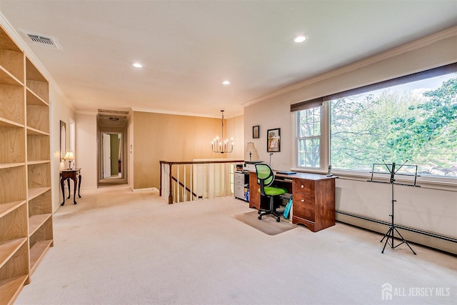 9 NW Fielding Pl, Edison, NJ 08820 - carpeted office space with crown molding, a chandelier, recessed lighting, and a baseboard radiator