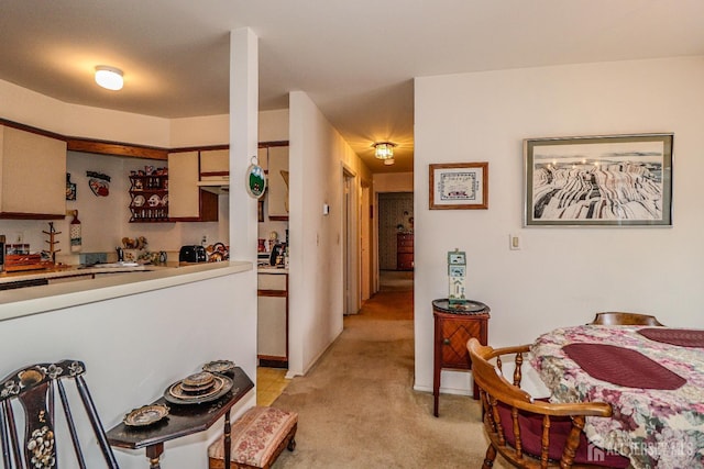 kitchen with light colored carpet