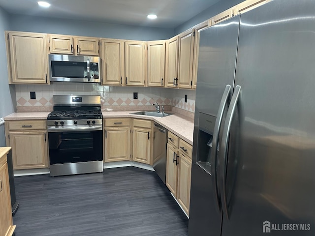 8 Bristol Dr, North Brunswick, NJ 08902 - kitchen featuring appliances with stainless steel finishes, light countertops, decorative backsplash, light brown cabinetry, and recessed lighting
