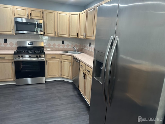 8 Bristol Dr, North Brunswick, NJ 08902 - kitchen featuring stainless steel appliances, light countertops, decorative backsplash, light brown cabinets, and dark wood-style floors