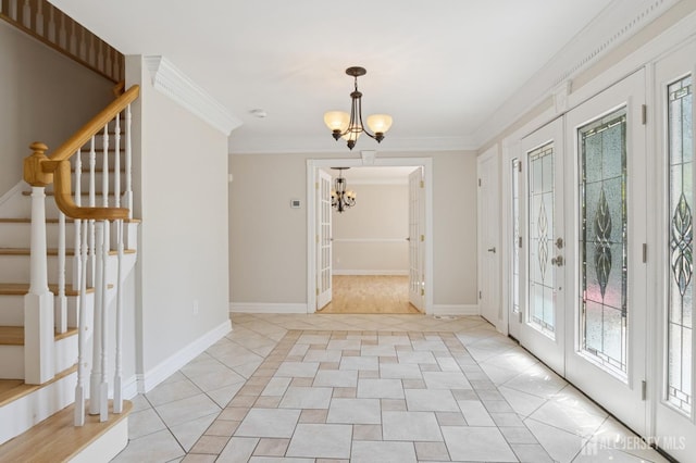 3 Cedar Ln, Milltown, NJ 08850 - foyer entrance featuring a chandelier, stairs, light tile patterned flooring, and crown molding