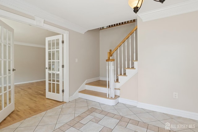 3 Cedar Ln, Milltown, NJ 08850 - tiled entryway with stairway, french doors, and ornamental molding