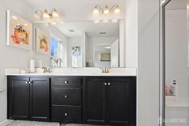 bathroom with a shower with shower door and vanity