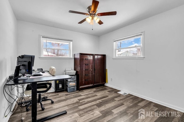 office featuring ceiling fan, a healthy amount of sunlight, and light hardwood / wood-style flooring