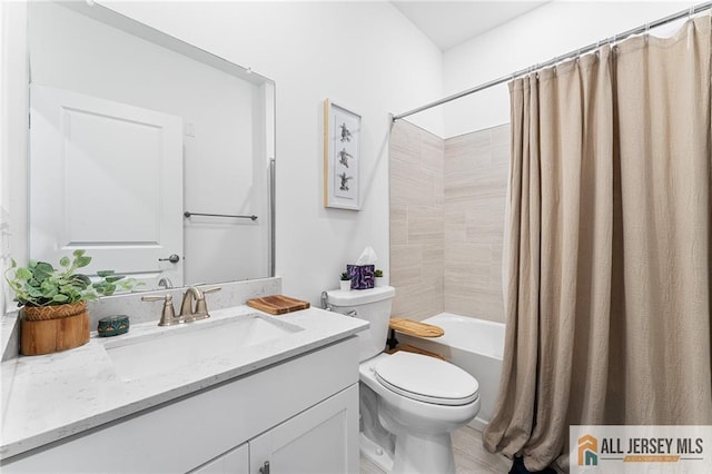 bathroom with toilet, vanity, and shower / bathtub combination with curtain