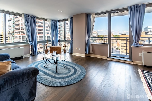 living area featuring radiator heating unit, dark wood-type flooring, and plenty of natural light