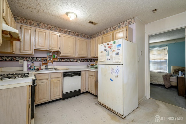 23 Newburgh Dr, Edison, NJ 08820 - kitchen featuring white appliances, light flooring, light brown cabinetry, under cabinet range hood, and a textured ceiling