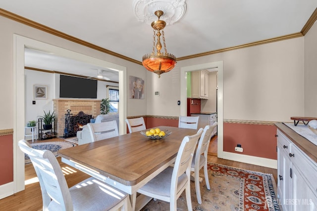 1135 Dorsey Pl, Plainfield, NJ 07062 - dining room featuring light wood-type flooring, ornamental molding, a fireplace, and baseboards