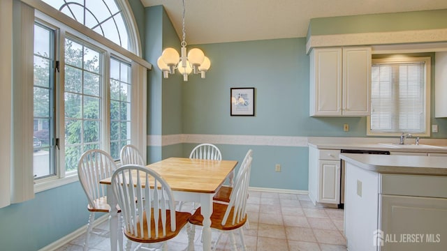 39 Leeds Ln, Monroe, NJ 08831 - dining room featuring a chandelier, baseboards, and lofted ceiling