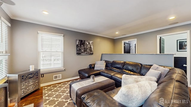 9 Helene St, Old Bridge, NJ 08857 - living area featuring crown molding, baseboards, recessed lighting, and dark wood-style floors