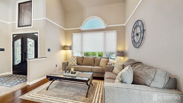 9 Helene St, Old Bridge, NJ 08857 - living area featuring high vaulted ceiling, wood finished floors, and baseboards