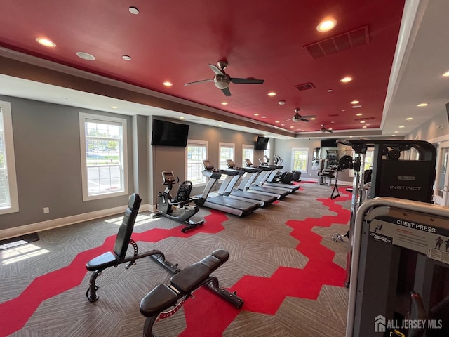 812 Stiller Ln, Monroe, NJ 08831 - gym featuring a raised ceiling, ceiling fan, carpet, baseboards, and plenty of natural light
