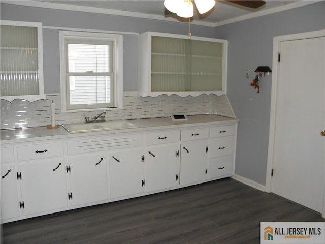 5 E Kupsch St, Sayreville, NJ 08872 - kitchen featuring a sink, backsplash, ceiling fan, white cabinets, and crown molding