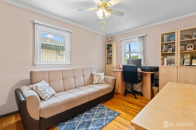44 Pleasant Ave, Iselin, NJ 08830 - home office featuring light wood-type flooring, ornamental molding, and ceiling fan