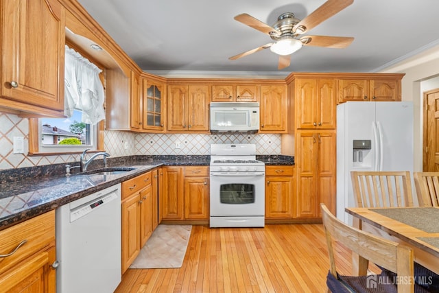44 Pleasant Ave, Iselin, NJ 08830 - kitchen with white appliances, light wood-style floors, ceiling fan, decorative backsplash, and ornamental molding