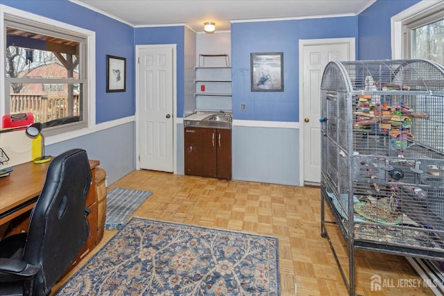 75 Brown Rd, Howell, NJ 07731 - home office featuring crown molding and a sink