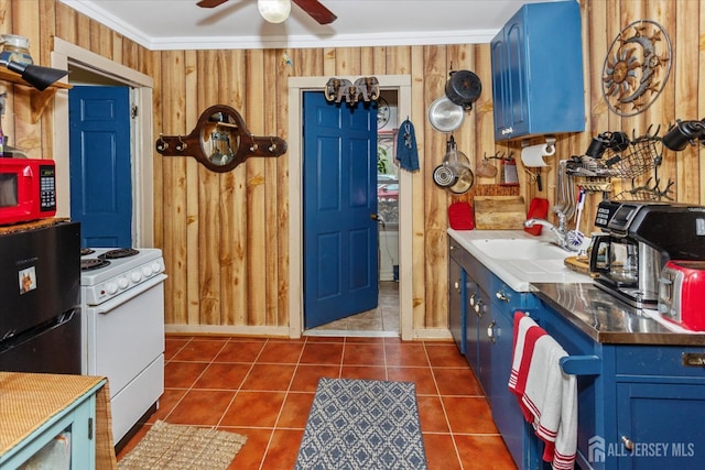 75 Brown Rd, Howell, NJ 07731 - kitchen with white electric range oven, blue cabinetry, a ceiling fan, crown molding, and stainless steel countertops