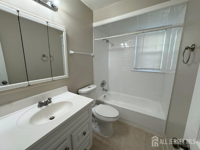 bathroom with toilet, shower / bathing tub combination, tile patterned flooring, and vanity