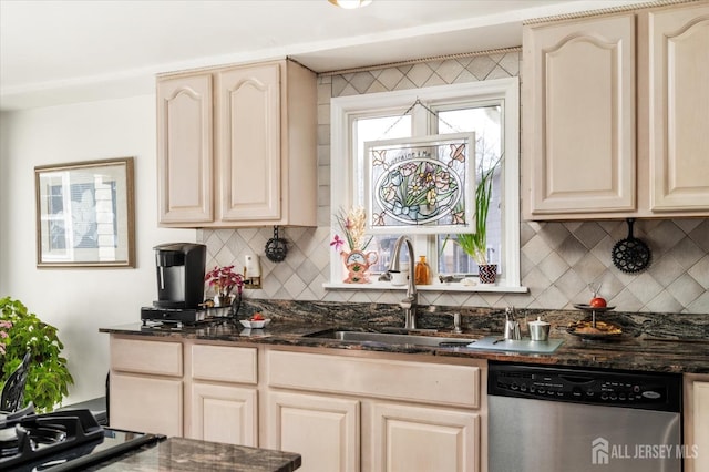 kitchen with stainless steel dishwasher, dark stone counters, sink, and decorative backsplash