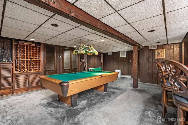 recreation room featuring carpet floors, wooden walls, and billiards