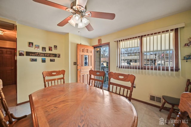 dining space with baseboards, ceiling fan, and visible vents