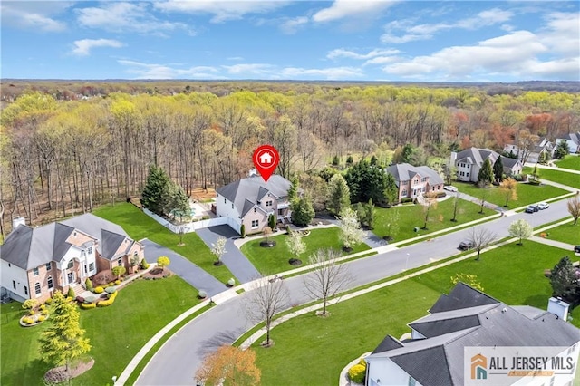 aerial perspective of suburban area with a heavily wooded area