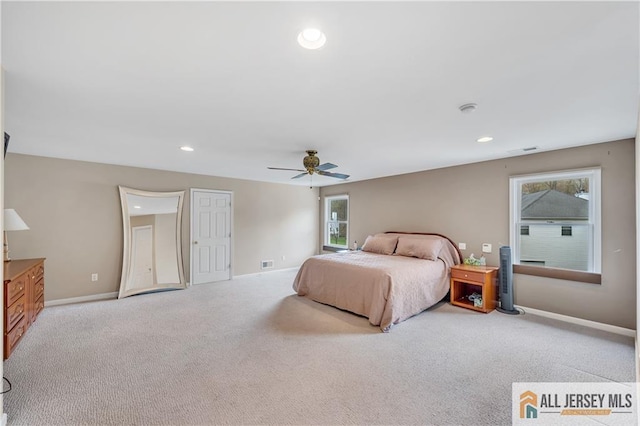 bedroom with carpet flooring, baseboards, recessed lighting, and a ceiling fan