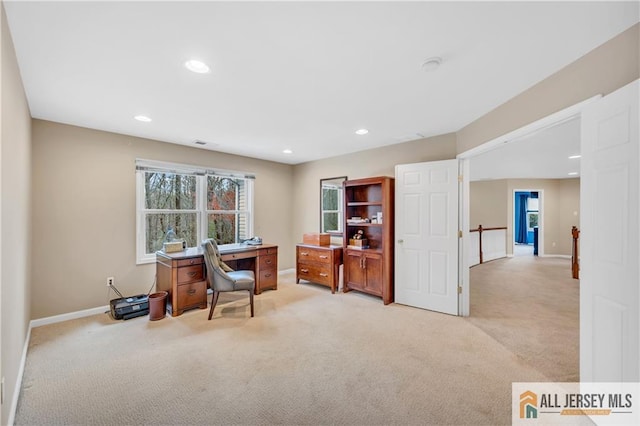 home office with light carpet, baseboards, and recessed lighting