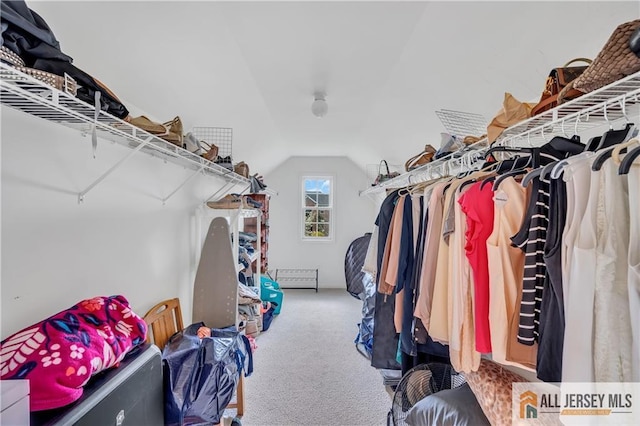 spacious closet featuring lofted ceiling and carpet floors