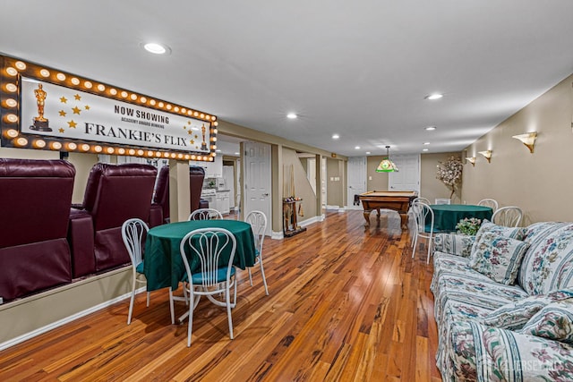 rec room featuring billiards table, wood finished floors, recessed lighting, and baseboards