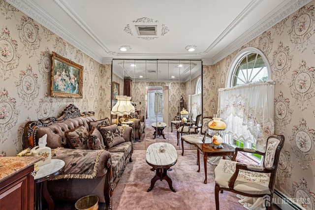 living room featuring ornamental molding, a baseboard heating unit, wallpapered walls, and carpet flooring
