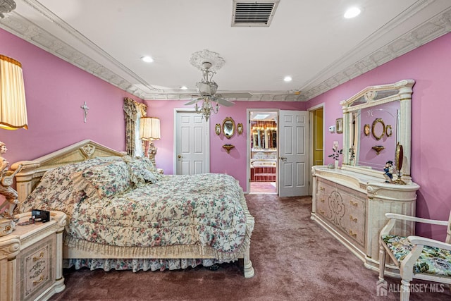 bedroom with carpet flooring, crown molding, recessed lighting, and ceiling fan