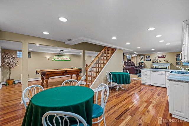 dining room with recessed lighting, light wood-style flooring, billiards, stairway, and baseboards