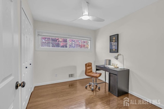 home office with hardwood / wood-style floors and ceiling fan