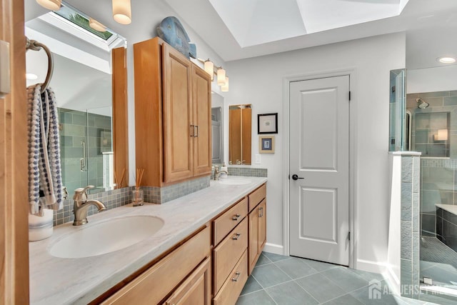 107 Sayre Dr, Plainsboro, NJ 08540 - bathroom with a shower stall, double vanity, and tile patterned flooring