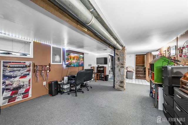 office space featuring carpet floors and electric panel