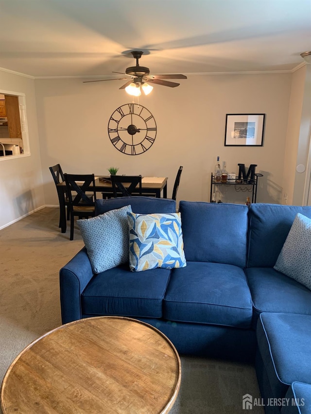 151 Wyndham Pl, Robbinsville, NJ 08691 - carpeted living area featuring crown molding and ceiling fan