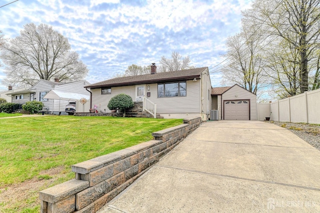 6 Schuyler Dr, Edison, NJ 08817 - view of front of house featuring an outdoor structure, driveway, a chimney, cooling unit, and a garage