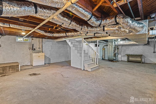 790 Ridge Rd, South Brunswick, NJ 08852 - below grade area featuring washer / dryer, water heater, stairway, and heating unit
