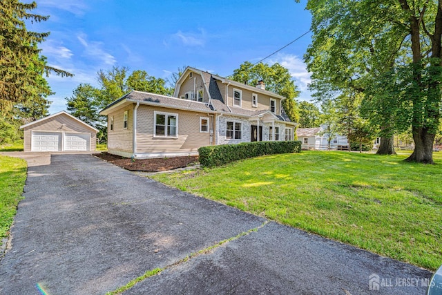 790 Ridge Rd, South Brunswick, NJ 08852 - colonial inspired home with a chimney, an outdoor structure, a garage, a front lawn, and a shingled roof