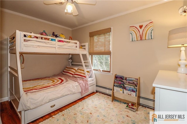 687 Spotswood-Englishtown Rd, Monroe, NJ 08831 - bedroom with crown molding, wood finished floors, baseboard heating, and a ceiling fan
