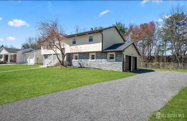34 Hershey Rd, East Brunswick, NJ 08816 - view of front of property featuring stone siding, gravel driveway, a chimney, a front lawn, and a garage