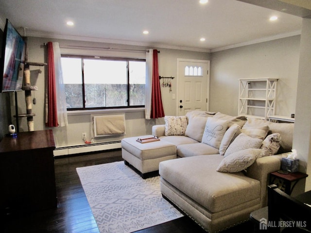 1029 Cricket Ln, Woodbridge Proper, NJ 07095 - living area featuring a baseboard heating unit, ornamental molding, recessed lighting, dark wood-style floors, and a wall mounted air conditioner