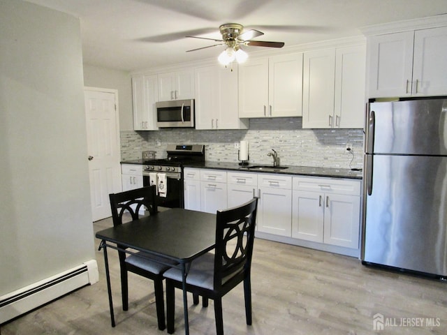1029 Cricket Ln, Woodbridge Proper, NJ 07095 - kitchen featuring stainless steel appliances, a baseboard heating unit, decorative backsplash, and a sink